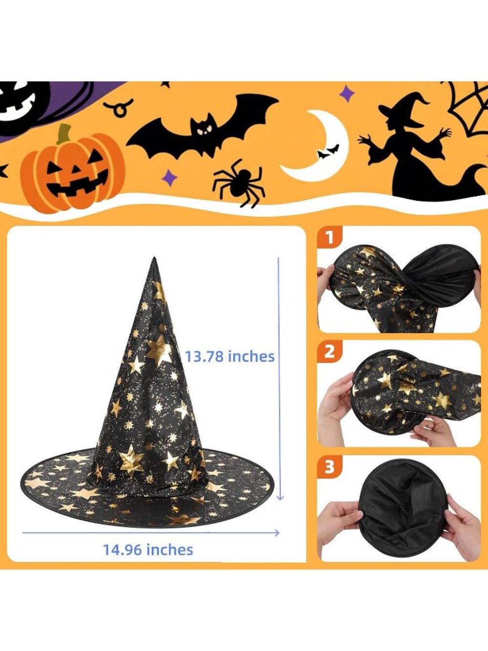 Halloween Mixed Colors 4pcs Witch Hat Mystical Star Print Hats for Decoration - Picture 2 of 7